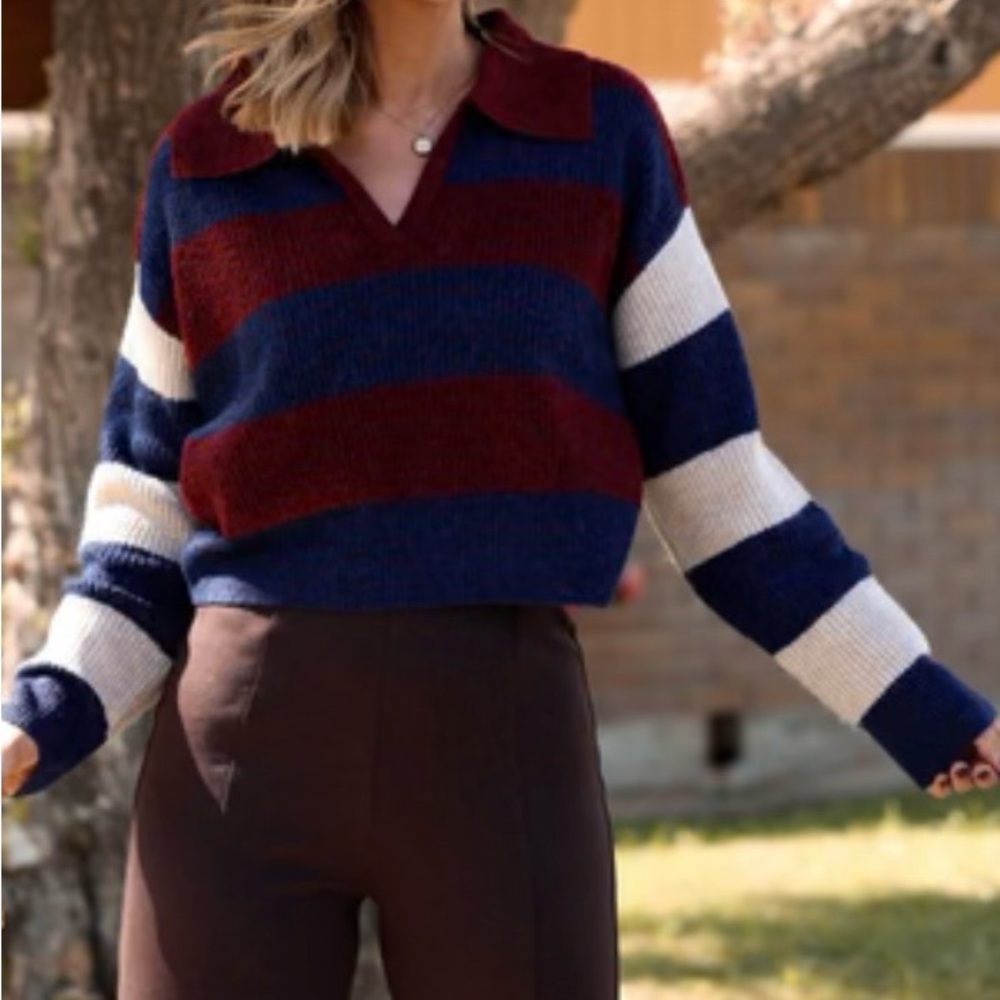 Together Striped V-Neck Sweater in Navy, Burgundy & Cream